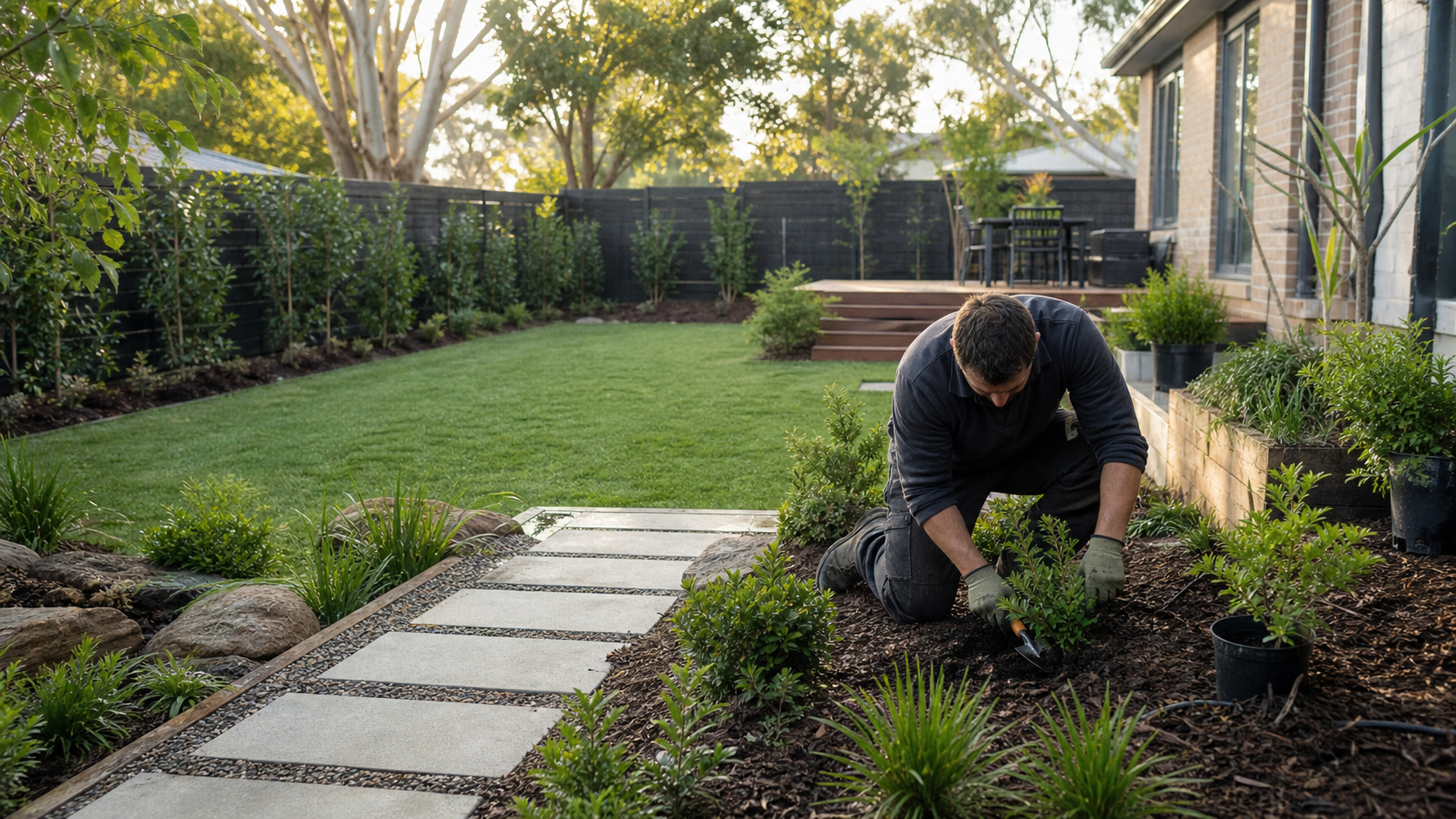 Professional landscaper planting shrubs in a residential backyard