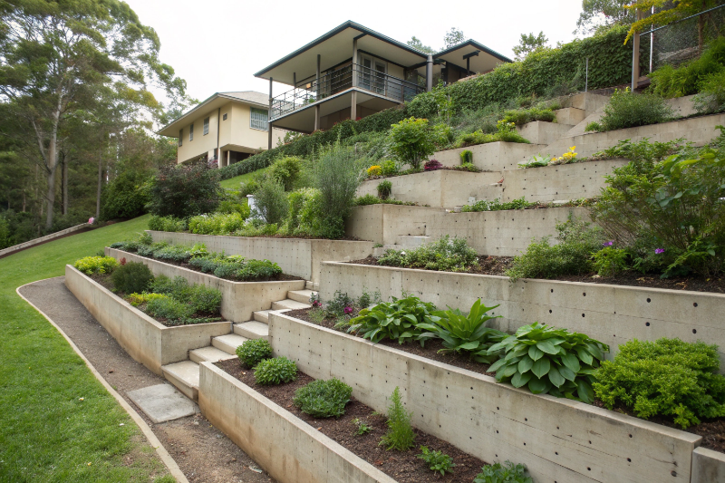 Tiered concrete sleeper retaining wall landscaping